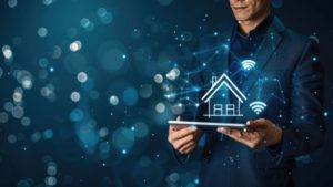 Businessman holding tablet icons on virtual screen, Real estate investment yields financial rewards. Real estate investment, Buy, own, sell properties for profit. Cash flow, appreciation, tax advantages. Research, strategy, broker, agent, middleman.