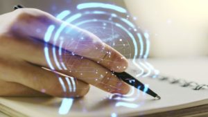 Creative artificial Intelligence concept with human head sketch and man hand writing in diary on background. Double exposure